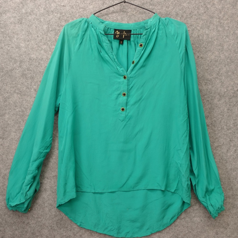 Boho Chic Resort Silk Blouse YUMI KIM Womens SMALL Seafoam Green Henley Popover
